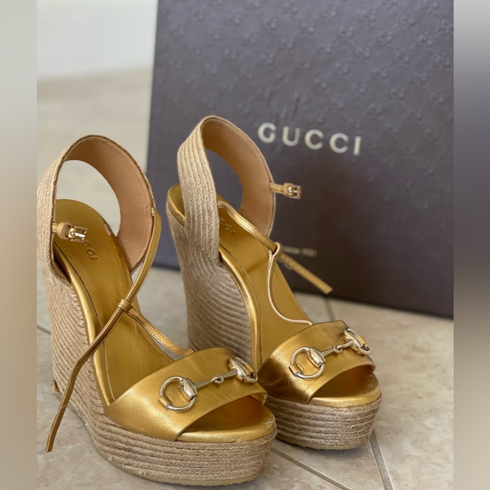 Gucci Gold and Tan Wedges
